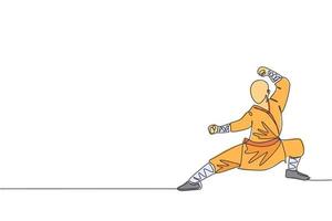 Single continuous line drawing young muscular shaolin monk man train martial art at shaolin temple. Traditional Chinese kung fu fight concept. Trendy one line draw graphic design vector illustration