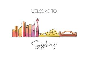 One continuous line drawing of Sydney city skyline, Australia. Beautiful landmark. World landscape tourism travel vacation poster. Editable stylish stroke single line draw design vector illustration