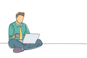 One continuous line drawing of young happy office worker sitting on the floor finish his work while holding a cup of coffee. Drinking coffee or tea concept single line draw design vector illustration