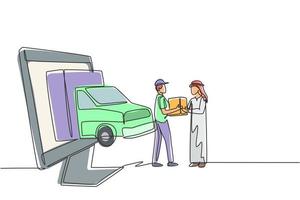 El carro de caja de entrega de dibujo de línea continua única sale en parte de la pantalla del monitor y el mensajero masculino entrega la caja del paquete al cliente árabe masculino. Ilustración de vector de diseño gráfico de dibujo de una línea dinámica