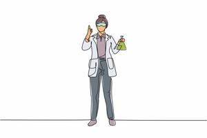 Single continuous line drawing female scientist stands with a thumbs-up gesture and holding a measuring tube filled with a chemical liquid. Dynamic one line draw graphic design vector illustration