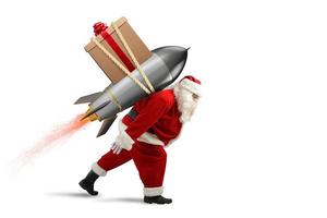 Fast delivery of Christmas gifts. Santa Claus ready to fly with a rocket photo