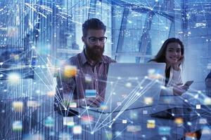 Businessman in office connected on internet network. concept of startup company photo