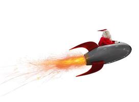 Papa Noel claus moscas rápido por un poder cohete a entregar Navidad regalos foto