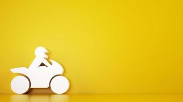 Rendering of a yellow background with white 3D toy motorcycle, automotive services concept photo