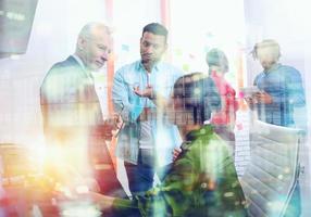 Business people that work together in office. Concept of teamwork and partnership. Double exposure photo