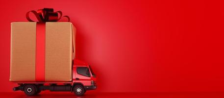 Big Christmas gift packages on a red truck ready to be delivered photo