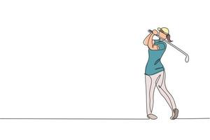 un dibujo de línea continua del joven jugador de golf swing club de golf y golpeó la pelota. concepto de deporte de ocio. gráfico dinámico de ilustración vectorial de diseño de dibujo de una sola línea para medios de promoción de torneos vector