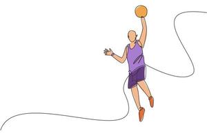 One continuous line drawing of young basketball player jumping to shot the ball. Team sport concept. Dynamic single line draw design vector illustration for college basket ball team recruitment poster