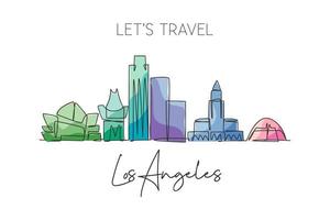 One single line drawing of Los Angeles city skyline, USA. Historical town landscape in world. Best holiday destination poster. Editable stroke trendy continuous line draw design vector illustration