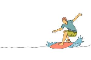 One continuous line drawing young happy tourist surfer exercising surfing on wavy ocean. Healthy extreme watersport concept. Summer holiday. Dynamic single line draw graphic design vector illustration