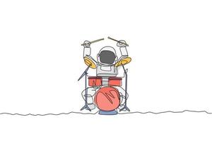 One continuous line drawing of astronaut drummer with spacesuit playing drum in moon surface. Outer space music concert concept. Dynamic single line draw design vector illustration graphic