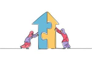 Continuous one line drawing two young Arabic female workers pushing puzzle to unite up arrow building. Success teamwork minimalist concept. Trendy single line draw design vector graphic illustration