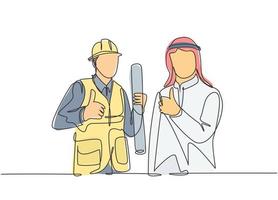 One continuous line drawing of muslim businessman and building constructor collaboration and give thumbs up. Islamic clothing kandura, scarf, keffiyeh. Single line draw design vector illustration