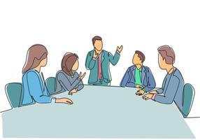 One continuous line drawing of young happy board of directors discussing company profit sharing during meeting. Business training concept. Trendy single line draw design vector graphic illustration