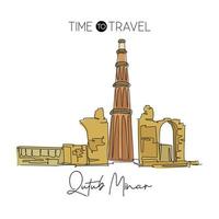 Single continuous line drawing Qutub Minar mosque landmark. Most beautiful famous place in Delhi, India. World travel wall decor poster print concept. Modern one line draw design vector illustration