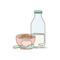 una línea continua dibujando un delicioso tazón fresco de cereales para el desayuno y una botella de leche. concepto de plantilla de desayuno saludable. ilustración de vector gráfico de alimentos naturales de diseño de dibujo de una sola línea moderna