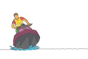 Single continuous line drawing of young sporty tourist man fun playing jet ski in the sea. Extreme dangerous sea sport concept. Summer holiday vacation. Trendy one line draw design vector illustration