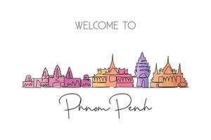 Single continuous line drawing of Phnom Penh city skyline, Cambodia. Famous city landscape. World travel concept home art wall decor poster print. Modern one line draw design vector illustration