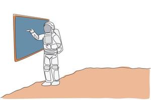 One continuous line drawing of young astronaut explaining formula and writing on whiteboard in moon surface. Cosmic galaxy space concept. Dynamic single line draw graphic design vector illustration