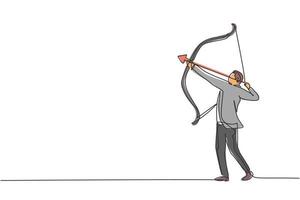 Single one line drawing of young smart business man focus take an arrow bow to hit target. Archery business manager minimal concept. Modern continuous line draw design graphic vector illustration