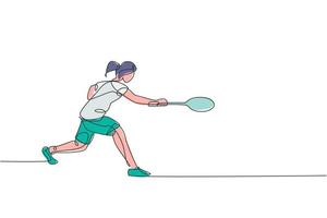 One single line drawing of young energetic badminton player take opponent's hit graphic vector illustration. Healthy sport concept. Modern continuous line draw design for badminton tournament poster