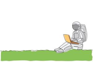 Single continuous line drawing of astronaut sitting in moon surface while typing on laptop computer. Business office with galaxy outer space concept. Trendy one line draw design vector illustration