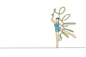 uno continuo línea dibujo de joven bailarina niña en movimiento. rítmico gimnasta en leotardo con cinta. sano deporte y activo danza concepto. dinámica soltero línea dibujar diseño vector ilustración