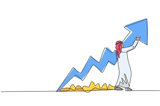 Single continuous line drawing of young Arabian businessman reporting increasing financial growth. Business presentation. Minimalism concept dynamic one line draw graphic design vector illustration