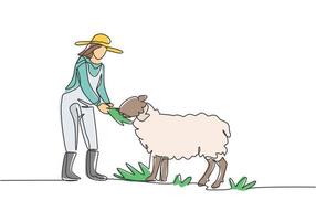 Single continuous line drawing young female farmer is feeding the sheep so that the sheep will be healthy and produce best meat. Minimalism concept. One line draw graphic design vector illustration.