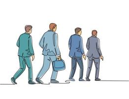 un dibujo de una sola línea de jóvenes empleados y trabajadoras caminando juntos apurados para no llegar tarde al trabajo. Los trabajadores de cercanías urbanos concepto de dibujo de línea continua diseño gráfico vectorial ilustración vector