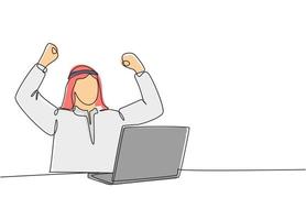 un dibujo de una sola línea de un joven trabajador musulmán feliz celebrar después de terminar su trabajo de oficina. árabe saudita con shmag, pañuelo en la cabeza, thobe, ghutra. Ilustración de vector de diseño de dibujo de línea continua