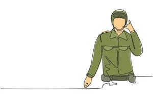 Soldado de dibujo de línea continua única con gafas, uniforme completo, el gesto de llamarme está listo para defender el país en el campo de batalla contra el enemigo. Ilustración de vector de diseño gráfico de dibujo de una línea dinámica