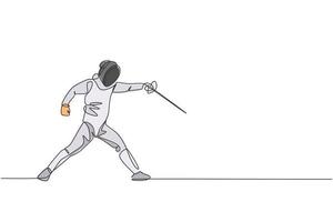 One continuous line drawing of young man fencing athlete practice fighting on professional sport arena. Fencing costume and holding sword concept. Dynamic single line draw design vector illustration