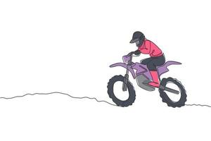 un dibujo de una sola línea de un joven piloto de motocross conquista los obstáculos de la pista en la ilustración vectorial de la pista de carreras. concepto de deporte extremo. diseño moderno de dibujo de línea continua para banner de evento de carrera de motocross vector