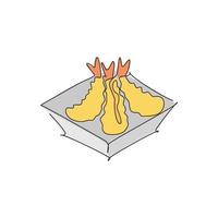 dibujo de una sola línea continua de la etiqueta del logotipo tempura de gambas japonesas estilizadas. concepto de restaurante de mariscos emblema. ilustración de vector de diseño de dibujo de una línea moderna para cafetería, tienda o servicio de entrega de alimentos