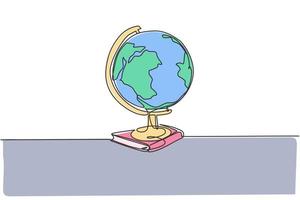 globo terráqueo sobre la pila de libros. Icono gráfico de mapa global mundial de línea continua única. Doodle simple de una línea para el concepto de educación. diseño minimalista de la ilustración del vector aislado en el fondo blanco