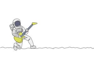 One single line drawing of spaceman playing acoustic guitar musical instrument in deep space vector illustration. Music concert poster with space astronaut concept. Modern continuous line draw design