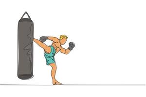 un dibujo de una sola línea de un joven y enérgico kickboxer practica patadas altas con un saco de boxeo en la ilustración vectorial de la arena de boxeo. concepto de deporte de estilo de vida saludable. diseño moderno de dibujo de línea continua vector