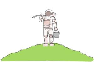 Single continuous line drawing of cosmonaut carrying bucket and hoe on shoulder while standing in moon surface. Galaxy astronaut farming life concept. Trendy one line draw design vector illustration