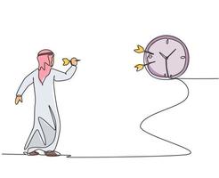 Single continuous line drawing young Arab business man hit the analog clock on wall with dart arrow. Focus target business metaphor concept. Dynamic one line draw graphic design vector illustration.