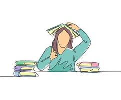 One line drawing of young bored female student read stack of books in library and put the book on her head and gives thumb up gesture. Education concept continuous line draw design vector illustration