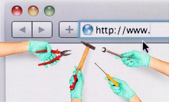 Hands with wrench and other wrench over a internet web browser. concept of fix errors photo