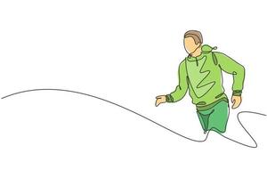 One single line drawing of young happy runner man exercise to improve stamina graphic vector graphic illustration. Healthy lifestyle and competitive sport concept. Modern continuous line draw design