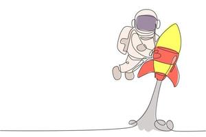 One single line drawing of astronaut in spacesuit floating and discovering deep space while holding rocket spaceship illustration. Exploring outer space concept. Modern continuous line draw design vector