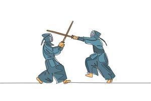 One single line drawing of two young energetic men exercise kendo combat game with wooden sword at gym center vector illustration. Combative fight sport concept. Modern continuous line draw design