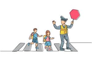 Continuous one line drawing of primary school students crossing the road on the zebra crossing are helped by traffic police holding stop signs. Single line draw design vector graphic illustration.