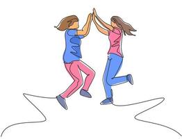 Single line drawing of two young happy women jumping and giving high five gesture to celebrate business successful. Friendship concept continuous line draw design graphic vector illustration