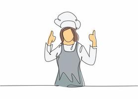 Continuous one line drawing of young happy beauty female chef giving thumbs up gesture. Excellent taste of food in hotel restaurant concept single line draw graphic design vector illustration