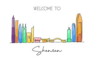 One continuous line drawing Shenzhen city skyline, China. Beautiful landmark. World landscape tourism and travel vacation. Editable stylish stroke single line draw design graphic vector illustration